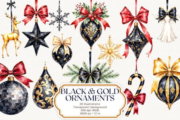 Black and Gold Christmas Tree Ornaments Illustrations Review