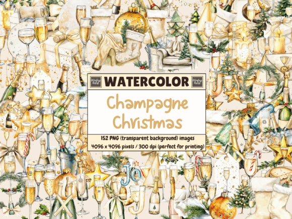 Champagne Christmas Watercolor Clipart: Premium Illustrations for Holiday Branding
