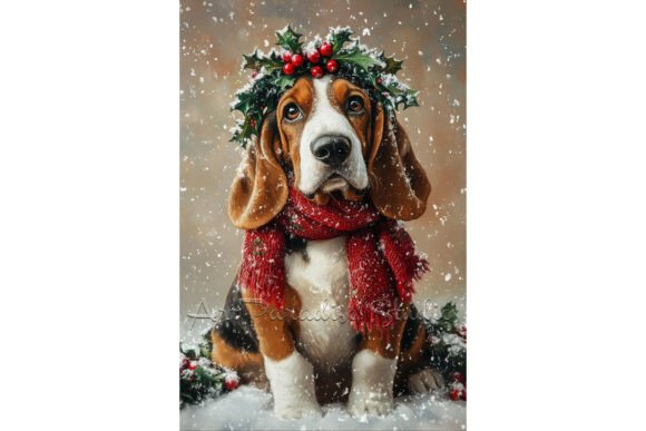 Christmas Basset Hound Dog in Snow Art Illustrations
