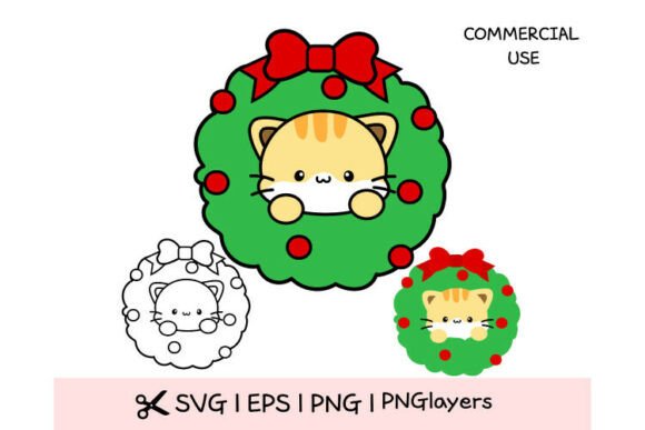 Christmas Cat SVG Cute Cat Wreath SVG Ka