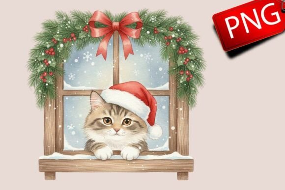Christmas Cute Cat Window Clipart for Illustrations