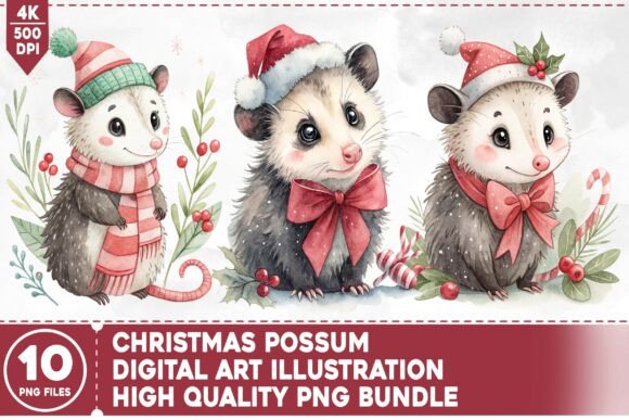 Christmas Possum PNG Bundle: Festive Illustrations for Handmade Products