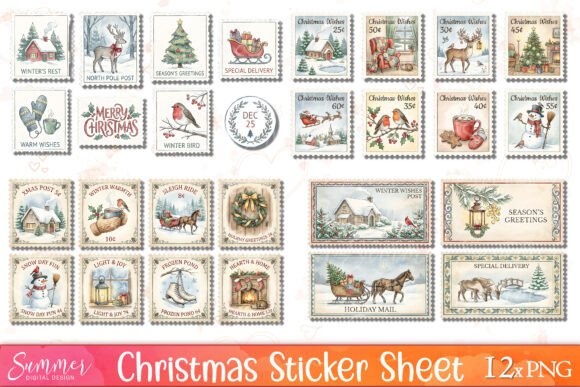 Christmas Vintage Postage Stamps Sticker Review for Illustrations