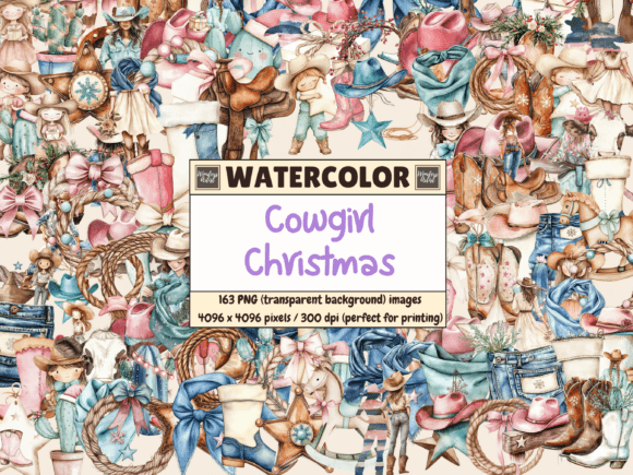Cowgirl Christmas Watercolor Clipart for Illustrations