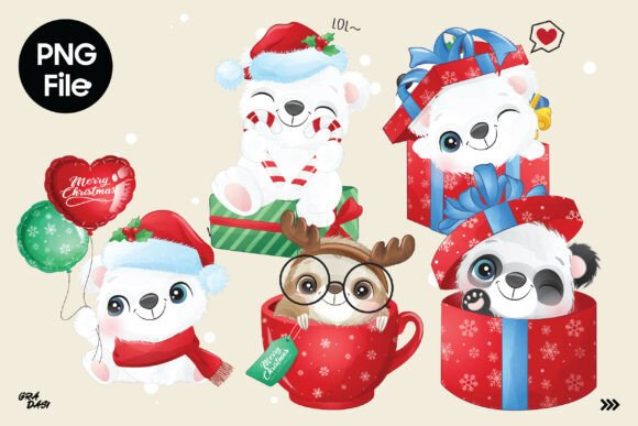 Cute Animals in Christmas Box Illustrations