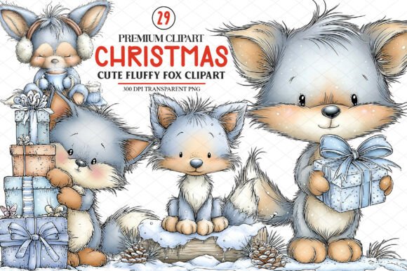 Cute Christmas Fluffy Fox Clipart for Seasonal Illustrations