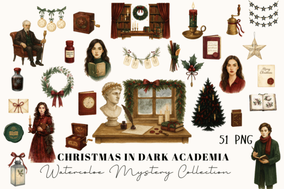 Dark Academia Christmas Clipart Set