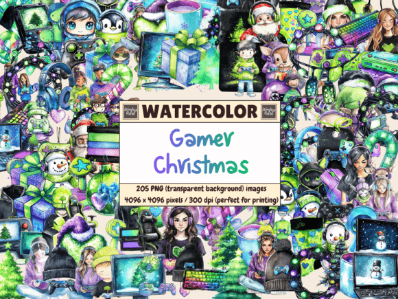 Gamer Christmas Watercolor Clipart for Branding and Illustrations