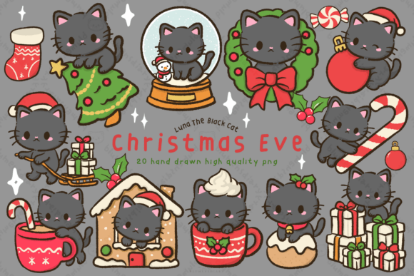 Kawaii Black Cat Christmas Eve Clipart: Illustrations for Seasonal Branding