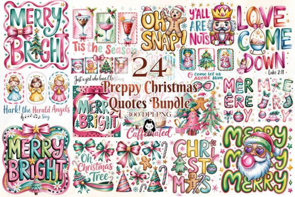 Pink Blue Preppy Christmas Quotes Bundle for Illustrations