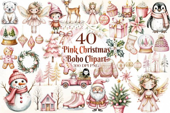 Pink Christmas Boho Watercolor Clipart for Illustrations