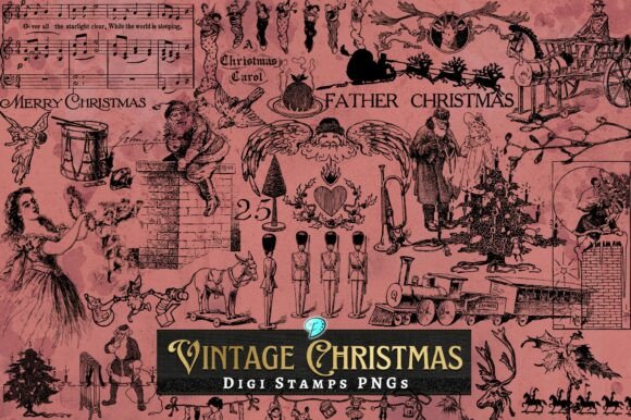 Vintage Christmas Digi Stamps Clipart for Illustrations