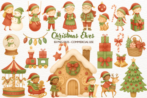 Watercolor Christmas Elves PNG Clipart for Illustrations