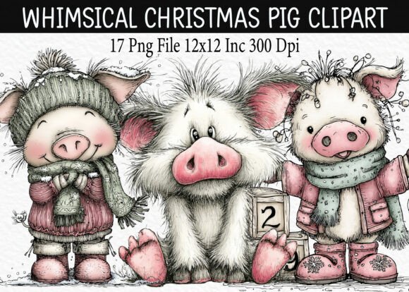 Whimsical Christmas Pig Illustrations