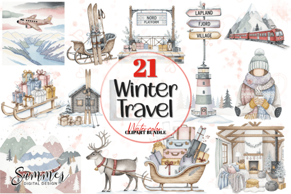 White Christmas Travel Clipart Bundle: Essential Illustrations for Holiday Content
